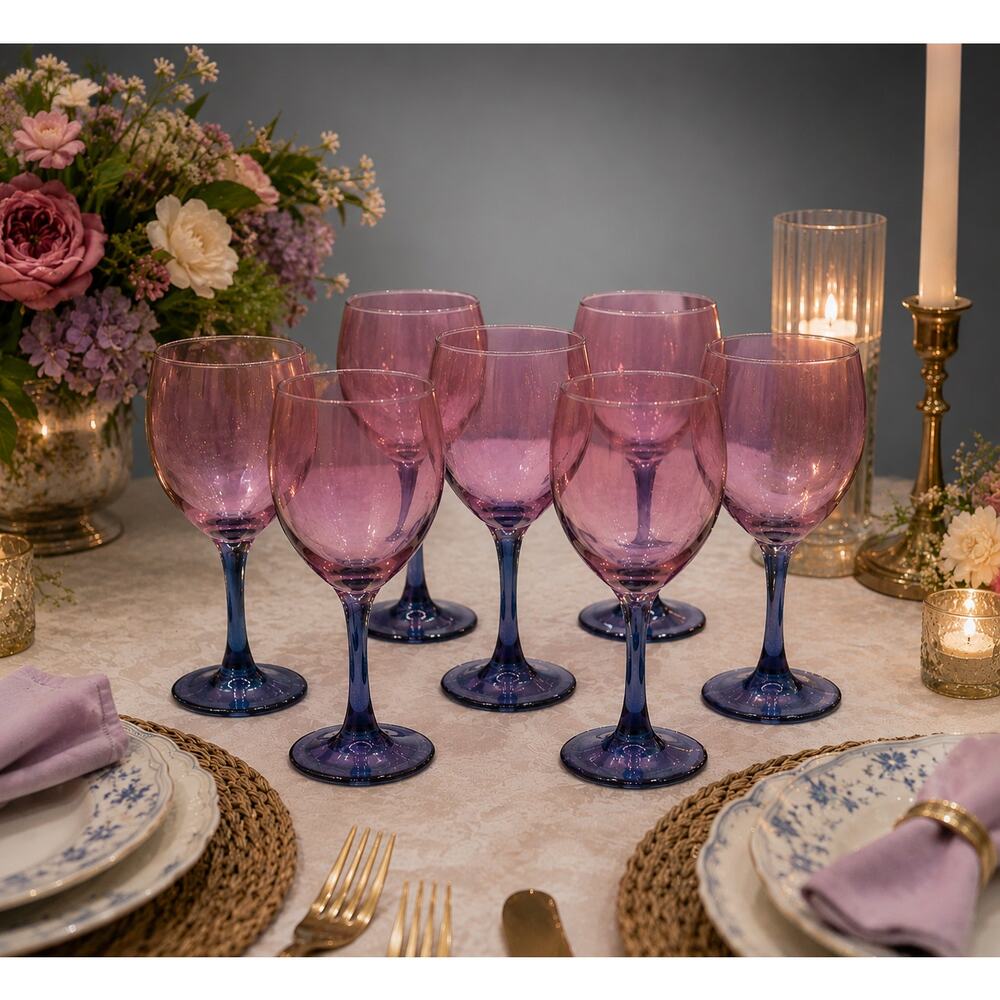 Set of 6 Pink Blue Iridescent Wine Glasses Goblets Ombre Stemmed Vintage 6” Tall